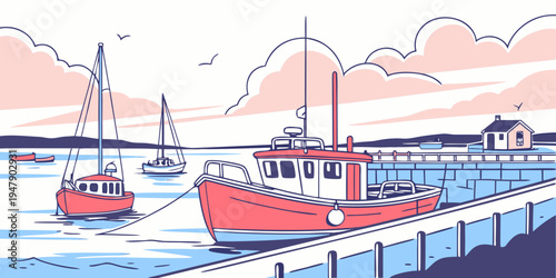 Red boats are docked at a pier by the sea Vector