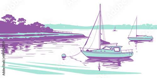 A serene lake scene with sailboats Vector