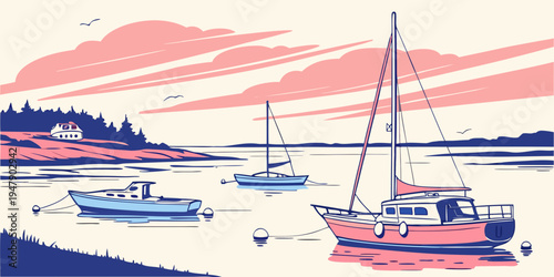 Boats are anchored in the water near a shore Vector