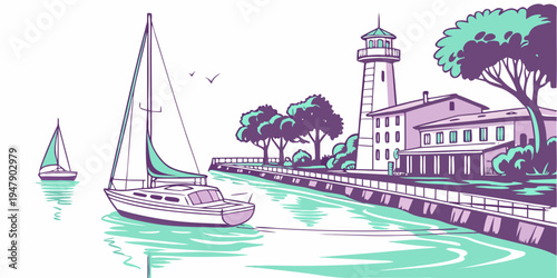 A serene harbor scene with a sailboat and a lighthouse Vector