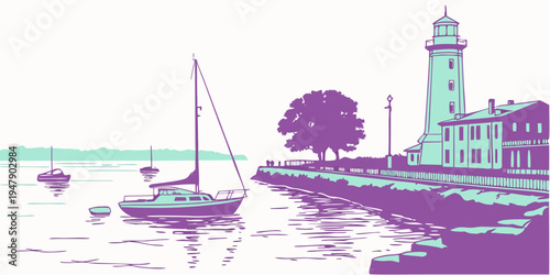A purple and teal lighthouse by the water Vector