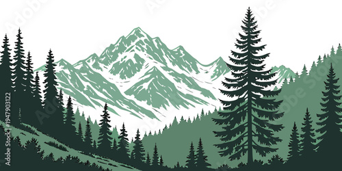 A mountain landscape with pine trees in the foreground Vector