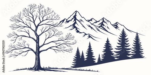 A tree and pine trees in front of a mountain range Vector