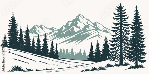A mountain landscape with pine trees and snow Vector