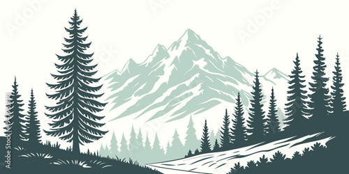 A scenic mountain landscape with pine trees and a large mountain range Vector