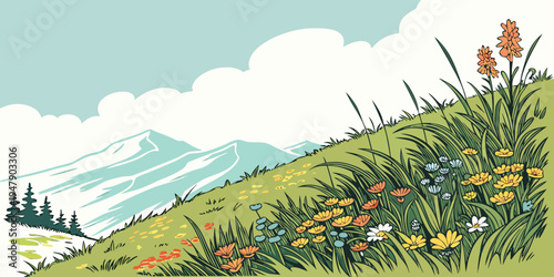 A hillside covered in wildflowers and grass Vector