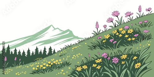 A mountain landscape with a field of flowers Vector