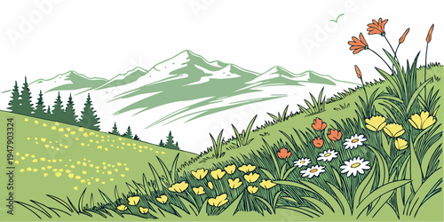 A field of colorful flowers on a green hillside Vector