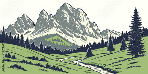 A mountain range with trees and a stream Vector