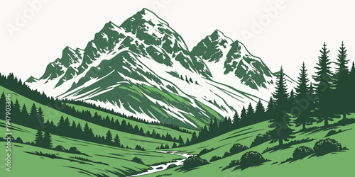 A green mountain range with snow on the peaks Vector