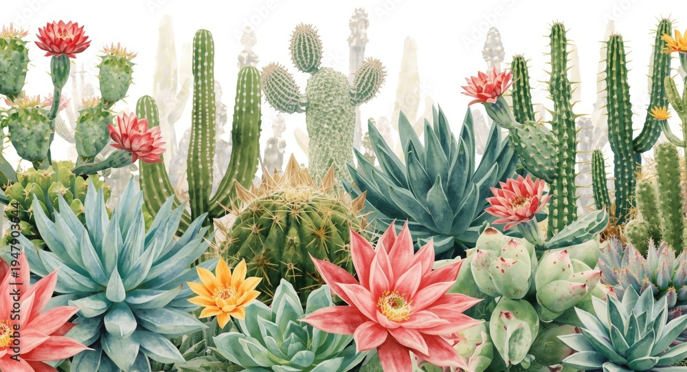 Obraz premium Bright and detailed watercolor depiction of desert succulents and cactus varieties