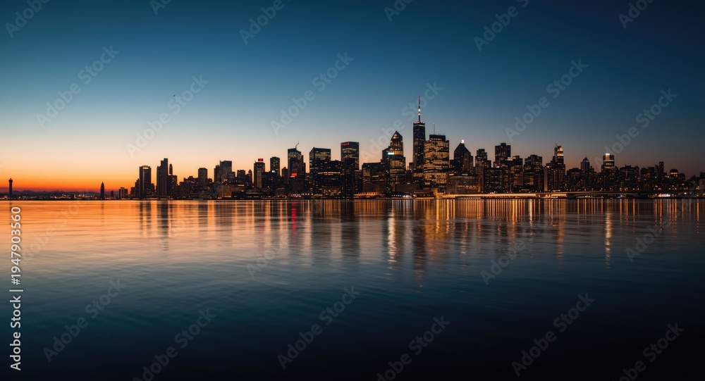 Obraz premium City horizon reflecting on calm water at evening