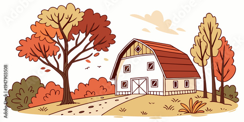 A white house with a red roof surrounded by autumn trees Vector