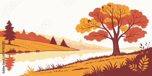 A tree with orange and yellow leaves by a lake Vector