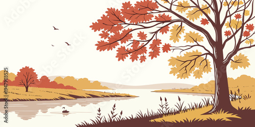 A tree with orange and yellow leaves by a lake Vector