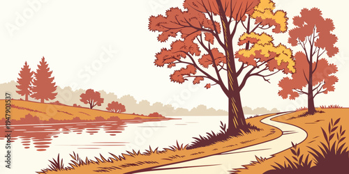 A pixelated landscape with trees and a winding path Vector