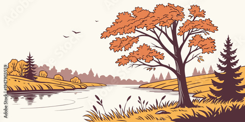 A serene landscape with a tree by a lake Vector