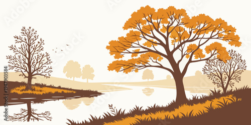 A serene landscape with trees and a body of water Vector