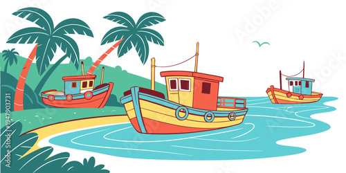 Boats are moored near a tropical island Vector