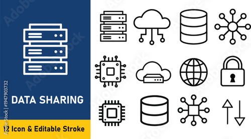 Set of 12 data sharing icons vector, editable stroke