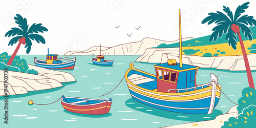 A colorful boat is anchored near the shore Vector