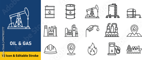 Set of 15 oil and gas icons vector, editable stroke