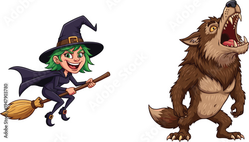 Cartoon witch character, cartoon werewolf character, Halloween illustration, spooky monster art, fantasy folklore drawing, creepy costume artwork, magical broomstick design, scary night scene