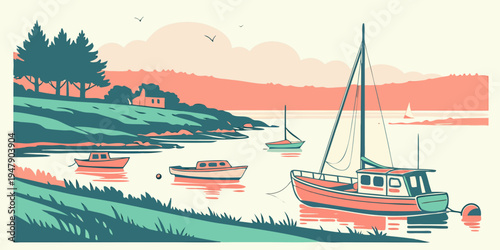 A red and white sailboat on a body of water Vector