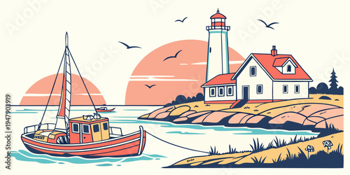 A red boat sailing near a lighthouse on a sunny day Vector