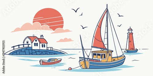 A sailboat and lighthouse on a sunny sea Vector