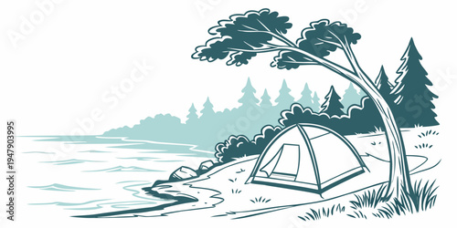 A tent pitched by a serene lake Vector