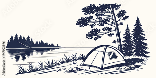 A tent pitched near trees and a body of water Vector