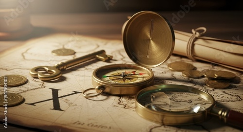 Treasure Hunt Adventure - Unveiling Secrets with Map, Compass, and Key.