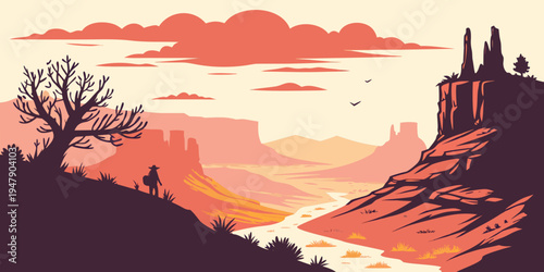 A pixel art landscape with a castle on a hill Vector