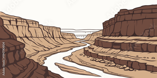 A river flowing through a canyon with brown rocky cliffs Vector