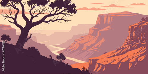 A pixel art illustration of the grand canyon at sunset Vector