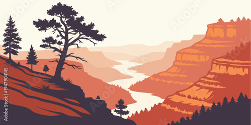 A scenic view of a canyon with a river and trees Vector