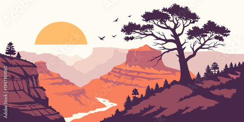 A tree on a hill overlooking a canyon at sunset Vector