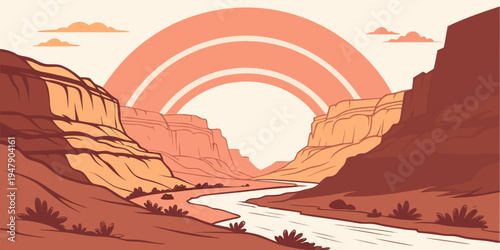 A serene desert landscape with a river and sunset Vector