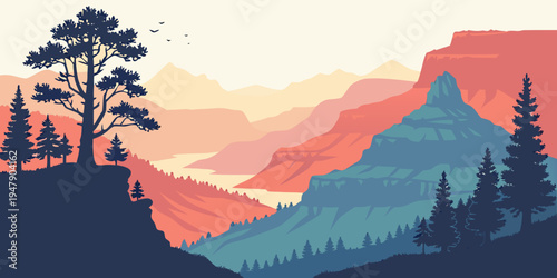 A mountain range with trees on a hillside at sunset Vector