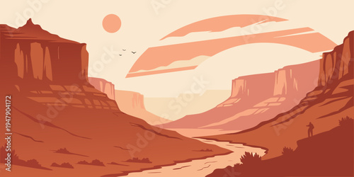 A desert canyon landscape with a river running through it Vector