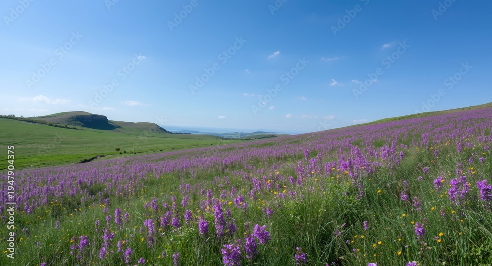 Obraz premium Bright violet floral meadow set against a serene sky with rolling hills in the background