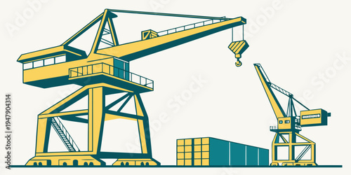 A large yellow and blue crane lifting a container Vector