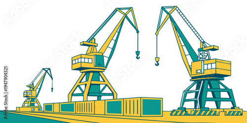 A group of cranes and containers on a dockside Vector