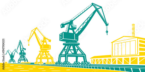 Industrial cranes and building in a factory setting Vector