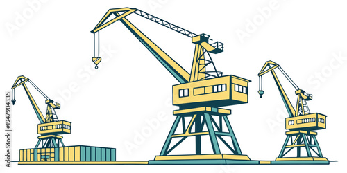 Three large yellow cranes on a dock Vector
