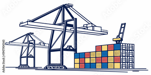 A large cargo ship being loaded with colorful shipping containers Vector