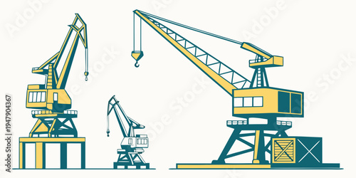 Three cranes in different sizes for heavy lifting operations Vector