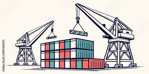 A stack of shipping containers being lifted by cranes Vector