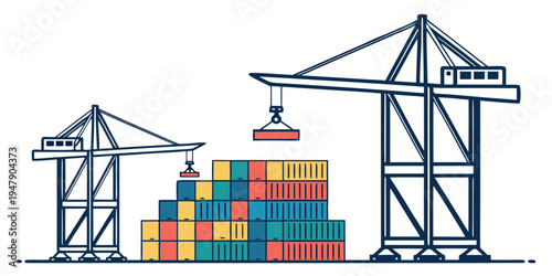 A stack of shipping containers with cranes Vector